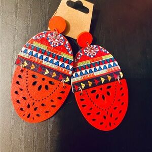 NWOT Vibrant Red Oval Dangle Earrings - Aztec/Tribal Geometric Print